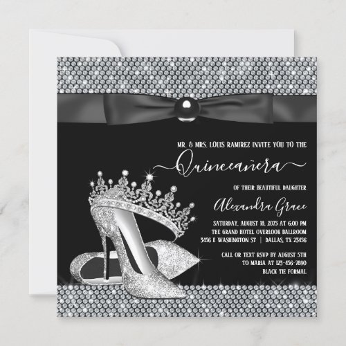 Diamond Tiara Shoe Glam Black Tie Quinceanera Invitation