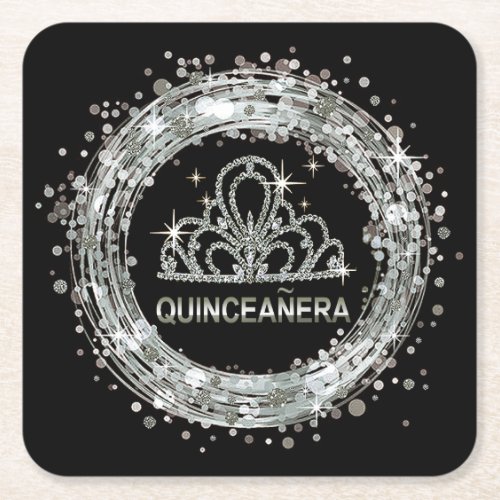 Diamond Tiara Sweet 15 Glitter Confetti  silver Square Paper Coaster