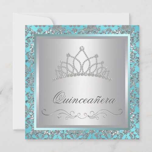 Diamond Tiara Teal Blue Damask Teal Blue Quinceane Personalized Invites