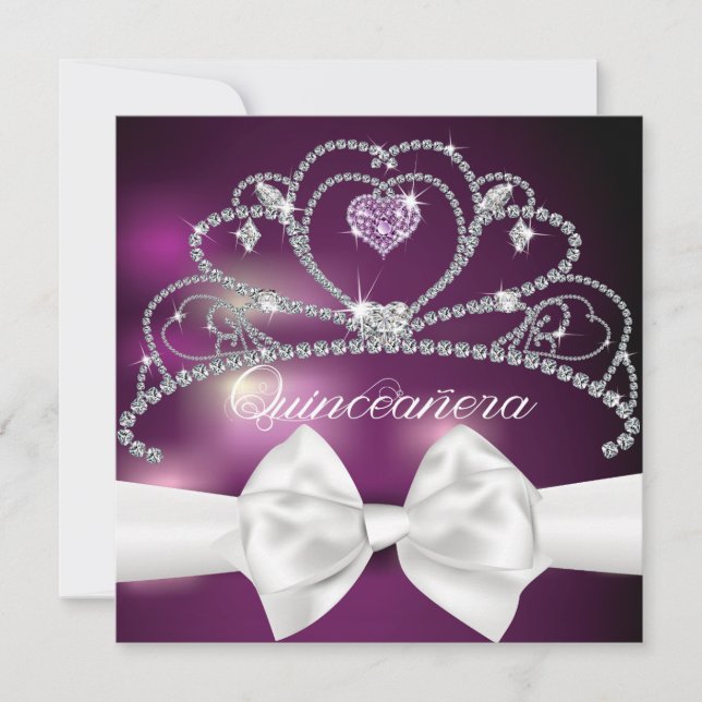 Diamond Tiara White Bow Quinceañera Invitation (Front)