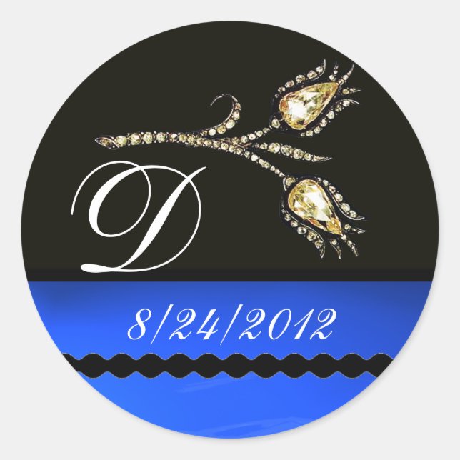 DIAMOND TULIPS BLACK WHITE BLUE MONOGRAM CLASSIC ROUND STICKER (Front)