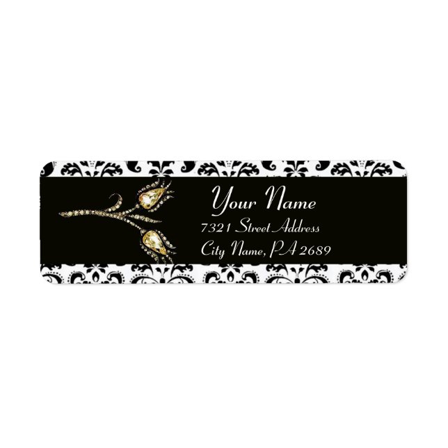 DIAMOND TULIPS BLACK WHITE  DAMASK LABEL (Front)