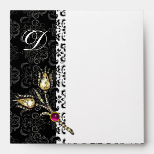 DIAMOND TULIPS Black White Damask Monogram Envelope