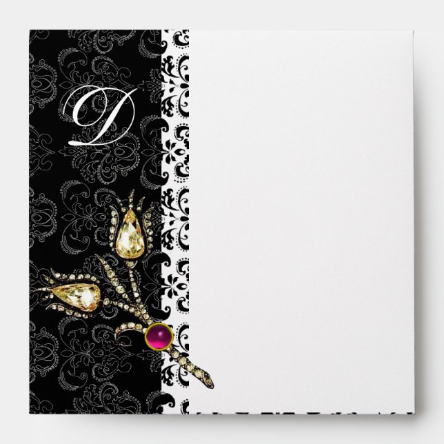 DIAMOND TULIPS Black White Damask Monogram Envelope (Front)