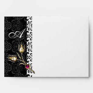 DIAMOND TULIPS Black White Damask Monogram Envelope