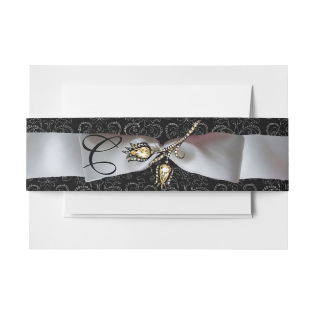 DIAMOND TULIPS Black White Damask Ribbon Monogram Invitation Belly Band (Front Example)