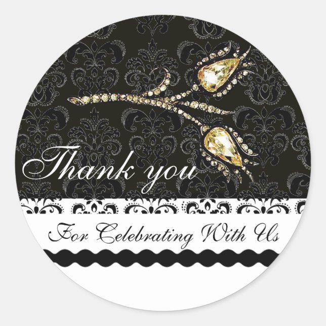 DIAMOND TULIPS BLACK WHITE DAMASK,Thank you Favor Classic Round Sticker (Front)