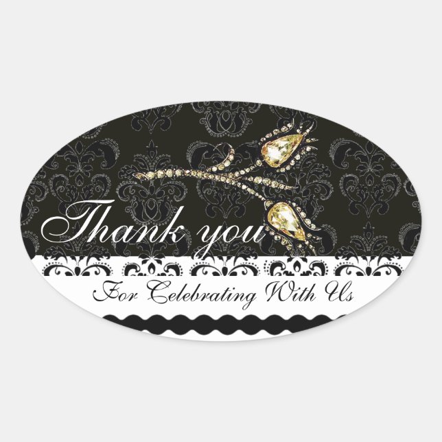 DIAMOND TULIPS BLACK WHITE DAMASK,Thank you Favor Oval Sticker (Front)