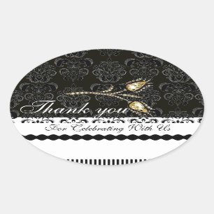 DIAMOND TULIPS BLACK WHITE DAMASK,Thank you Favor Oval Sticker