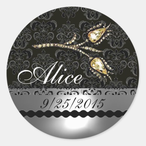 DIAMOND TULIPS BLACK WHITE GREY DAMASKSave Date Classic Round Sticker