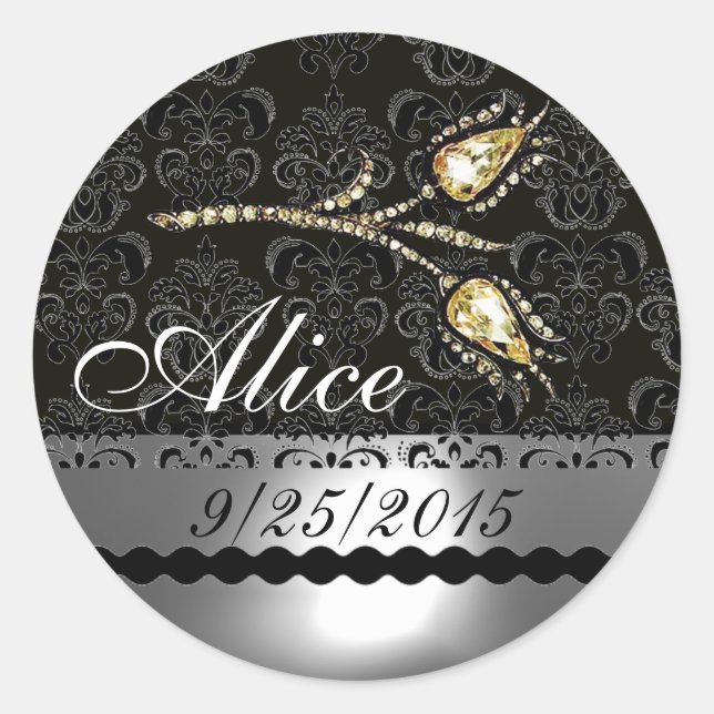DIAMOND TULIPS BLACK WHITE GREY DAMASK,Save Date Classic Round Sticker (Front)