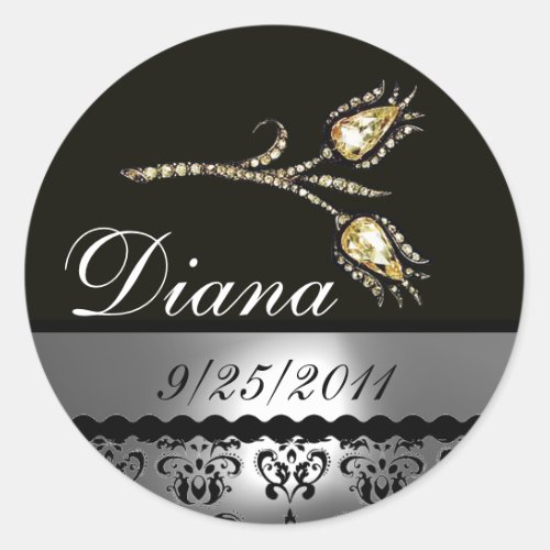DIAMOND TULIPS BLACK WHITE GREY DAMASKSave Date Classic Round Sticker