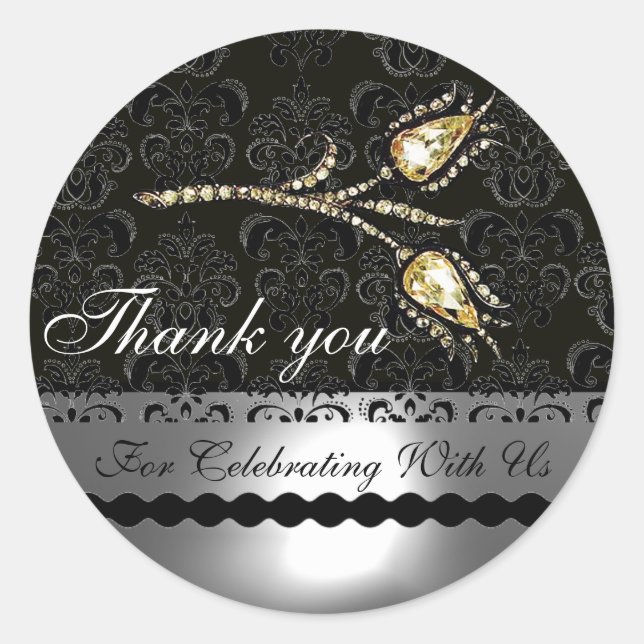 DIAMOND TULIPS BLACK WHITE GREY DAMASK,Thank you Classic Round Sticker (Front)