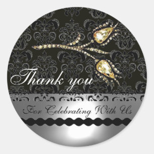 DIAMOND TULIPS BLACK WHITE GREY DAMASK,Thank you Classic Round Sticker