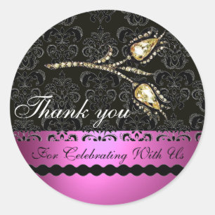 DIAMOND TULIPS BLACK WHITE PINK DAMASK,Thank you Classic Round Sticker