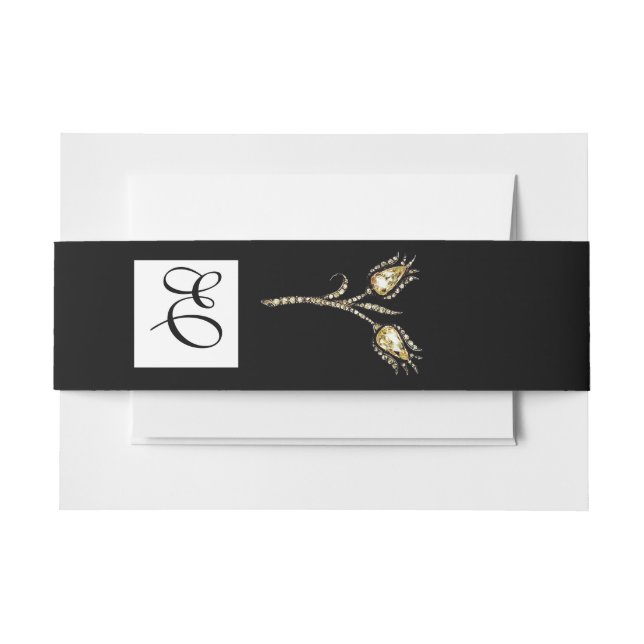 DIAMOND TULIPS Black White Square  Monogram Invitation Belly Band (Front Example)