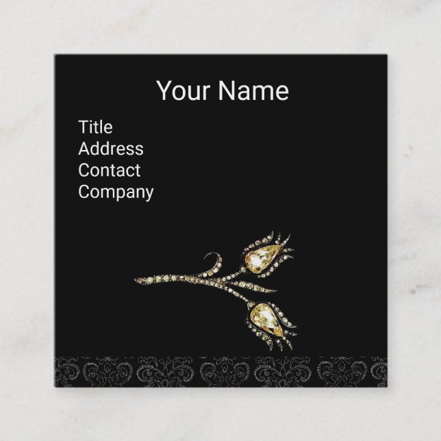 DIAMOND TULIPS DAMASK MONOGRAM ,Black & White Square Business Card (Front)