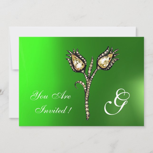 DIAMOND TULIPS MONOGRAM ,Green Emerald Invitation (Front)