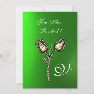 DIAMOND TULIPS MONOGRAM ,Green Emerald Invitation