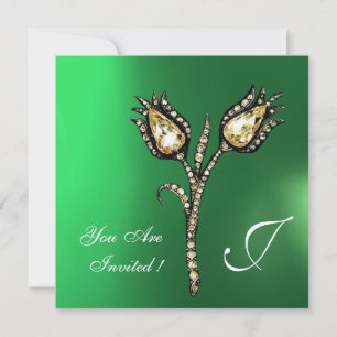 DIAMOND TULIPS MONOGRAM ,Green Jade Invitation