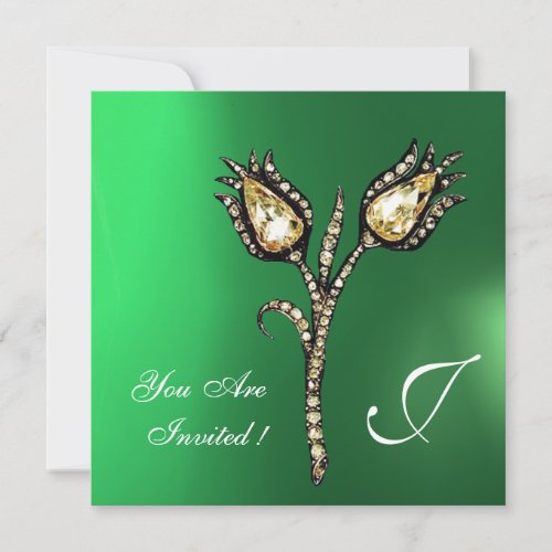 DIAMOND TULIPS MONOGRAM Green Jade Invitation