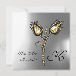 DIAMOND TULIPS MONOGRAM ,Grey White Moonstone Invitation