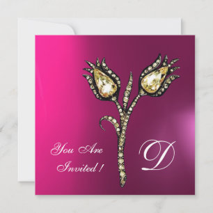 DIAMOND TULIPS MONOGRAM ,Pink Fuchsia Purple Invitation