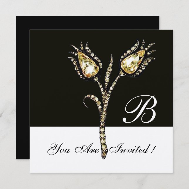 DIAMOND TULIPS MONOGRAM ,Silver Metallic Invitation (Front/Back)
