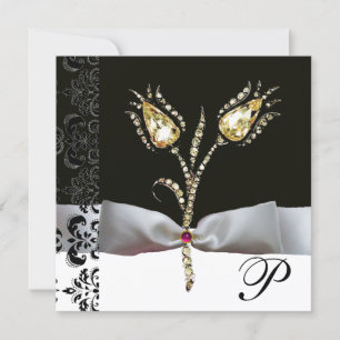 DIAMOND TULIPS ,Pink Black White Damask Monogram Announcement