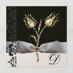DIAMOND TULIPS ,Pink Black White Damask Monogram Announcement