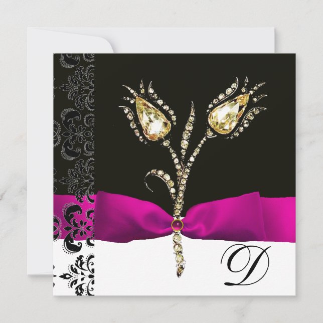 DIAMOND TULIPS ,Pink Black White Damask Monogram Announcement (Front)