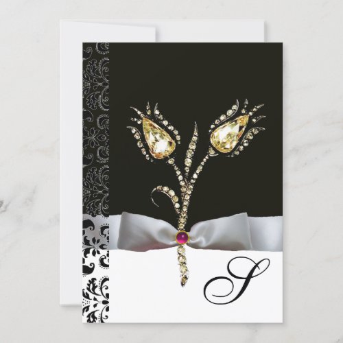 DIAMOND TULIPS Pink Black White Damask Monogram Invitation