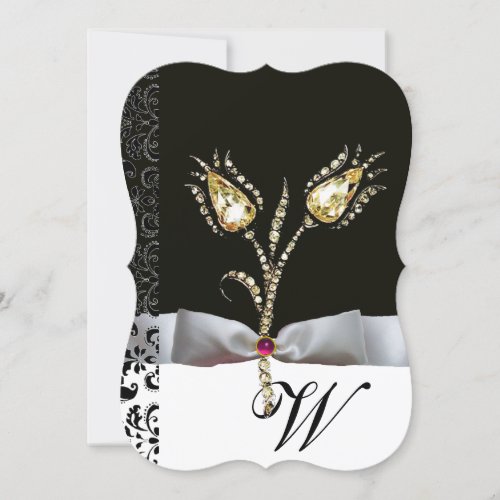 DIAMOND TULIPS Pink Black White Damask Monogram Invitation