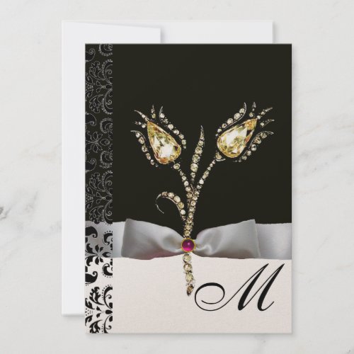 DIAMOND TULIPS Pink Black White Damask Monogram Invitation