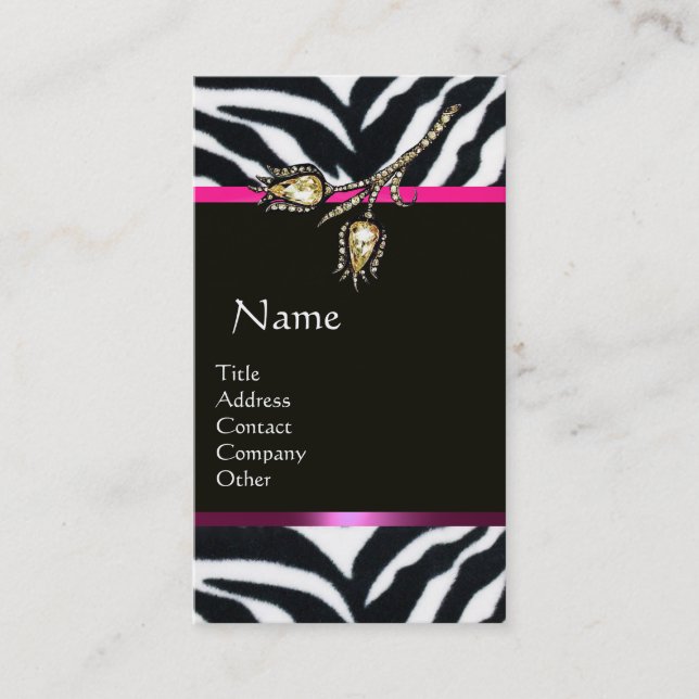 DIAMOND TULIPS PINK BLACK WHITE ZEBRA FUR MONOGRAM BUSINESS CARD (Front)