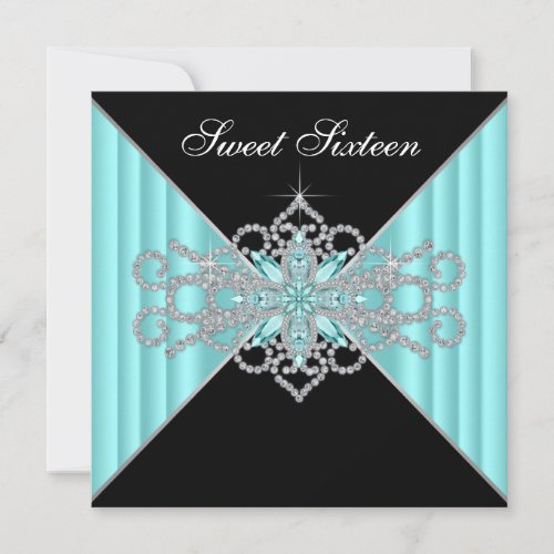 Diamond Turquoise Blue and Black Sweet 16 Birthday Personalized Announcements