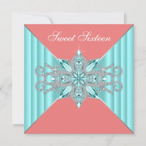 Diamond Turquoise Blue Coral Sweet 16 Birthday Invitation