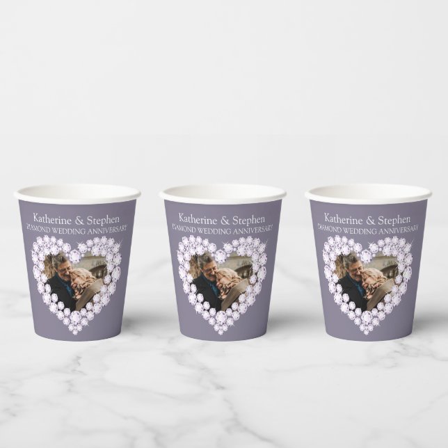 Diamond wedding anniversary 60th photo gray paper cups (Multi)