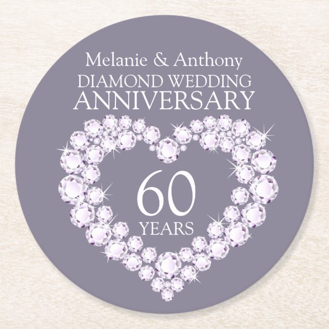 Diamond wedding anniversary heart coasters (Front)