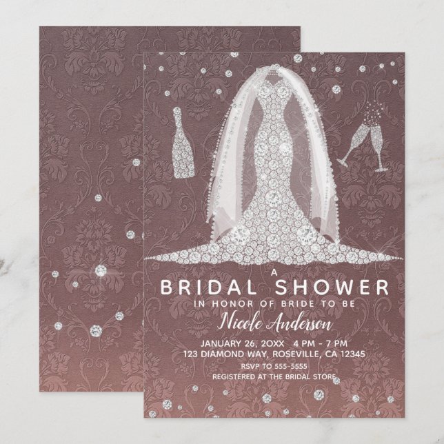 Diamond Wedding Dress Dusty Rose Bridal Shower Invitation (Front/Back)