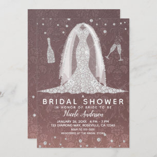 Diamond Wedding Dress Dusty Rose Bridal Shower Invitation