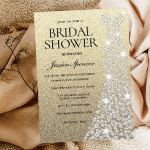 Diamond Wedding Dress Gold Glitter Bridal Shower Invitation