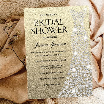Diamond Wedding Dress Gold Glitter Bridal Shower Invitation by Nicheandnest at Zazzle