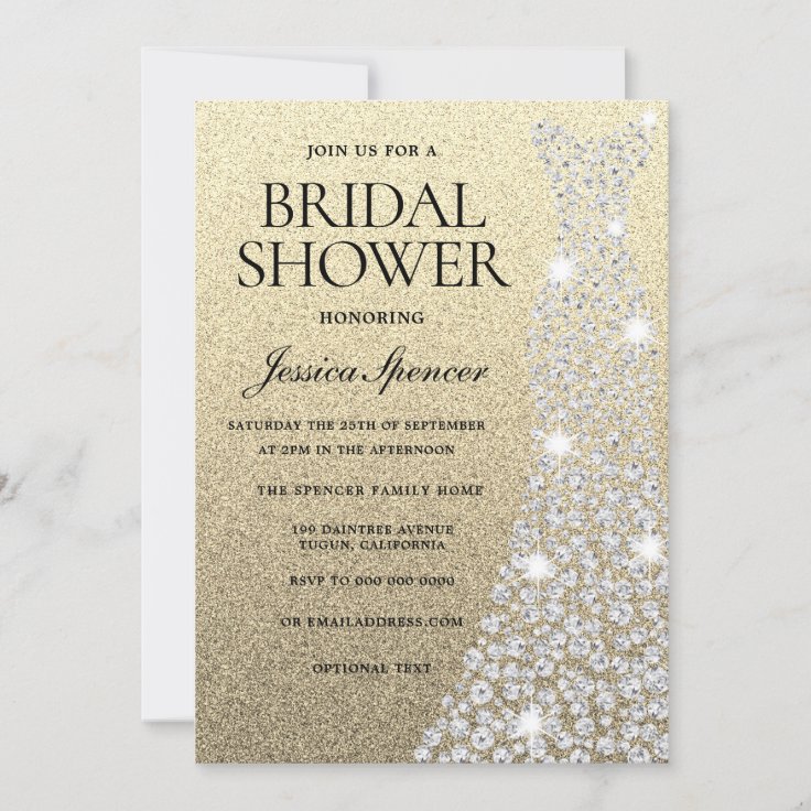 Diamond Wedding Dress Gold Glitter Bridal Shower Invitation | Zazzle