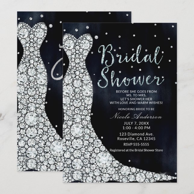 Diamond Wedding Dress Modern Blue Bridal Shower Invitation (Front/Back)