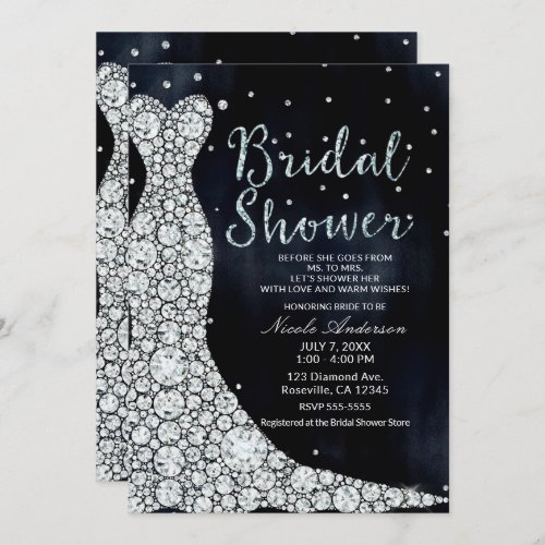 Diamond Wedding Dress Modern Blue Bridal Shower Invitation