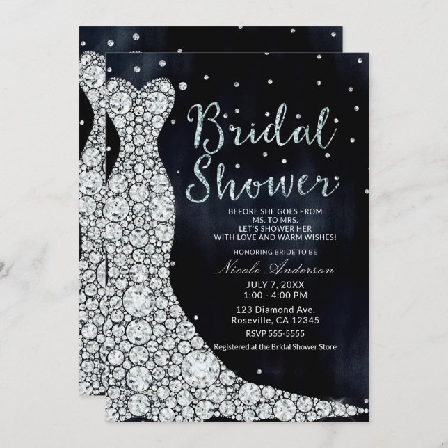 Diamond Wedding Dress Modern Blue Bridal Shower Invitation (Front/Back)