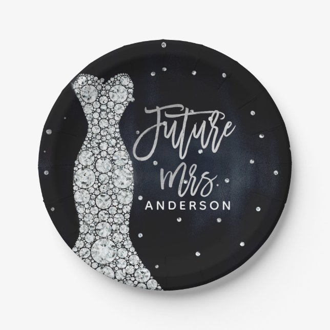 Diamond Wedding Dress Modern Blue Bridal Shower Paper Plates (Front)