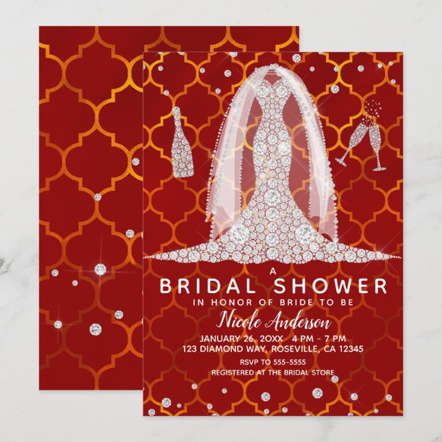 Diamond Wedding Dress Red Indian Bridal Shower Invitation (Front/Back)