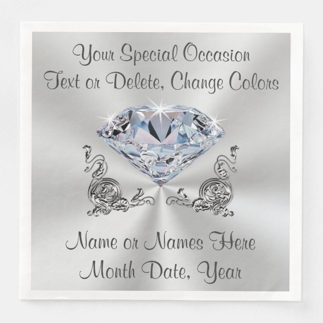 Diamond Wedding Napkins, Anniversary or Birthday Paper Dinner Napkins (Front)